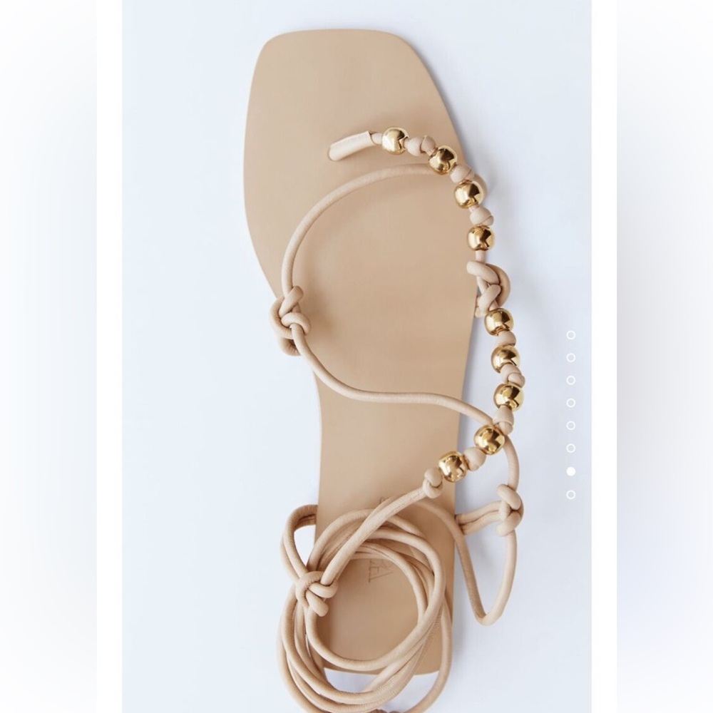 Zara Sand Beige Leather Flat Sandals with Gold Beaded Straps UK7 EU40 US9